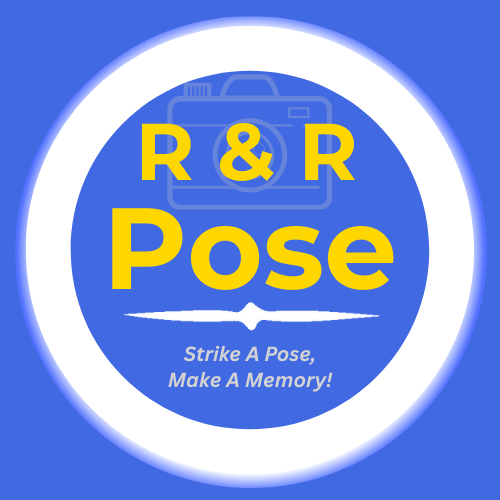 R & R Pose logo featuring a royal blue circle with gold 'R & R Pose' text, a white ring light effect, a camera silhouette, and the tagline 'Strike a Pose, Make a Memory!' in white.